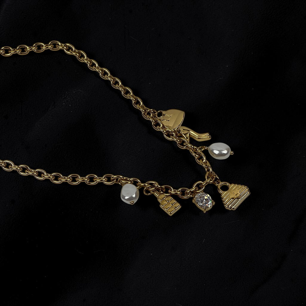 Naszyjnik złoty charms – torebka, serce, szpilka