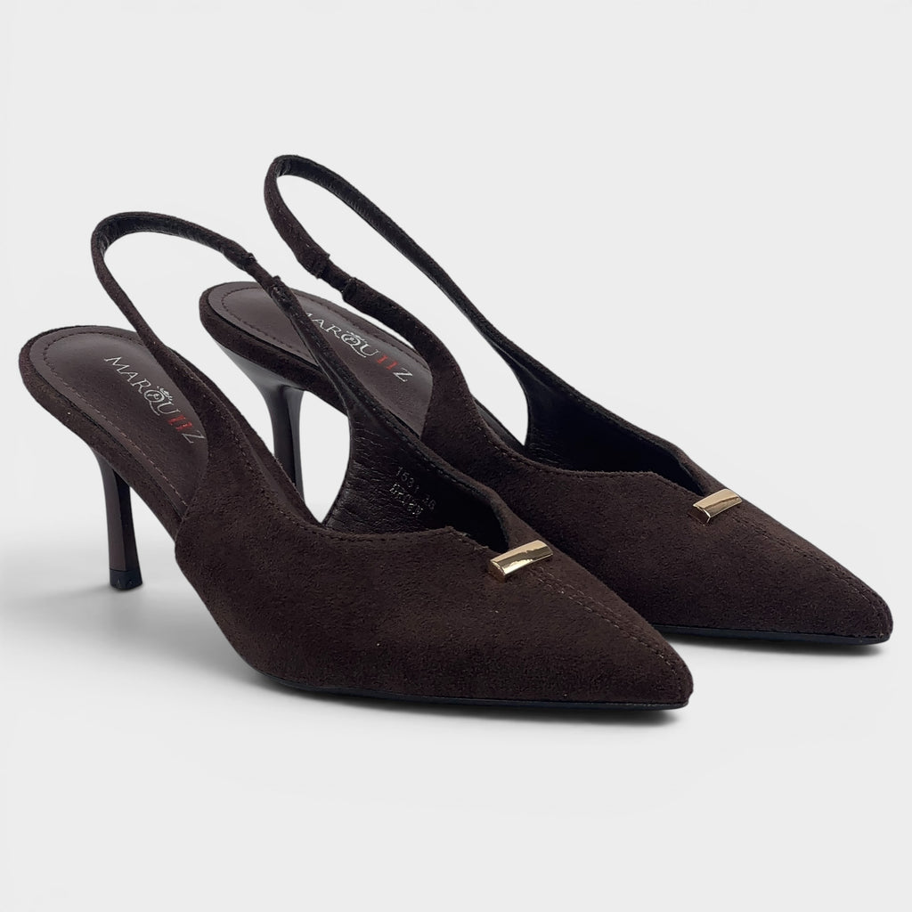 Brązowe zamszowe czółenka slingback ze złotym detalem