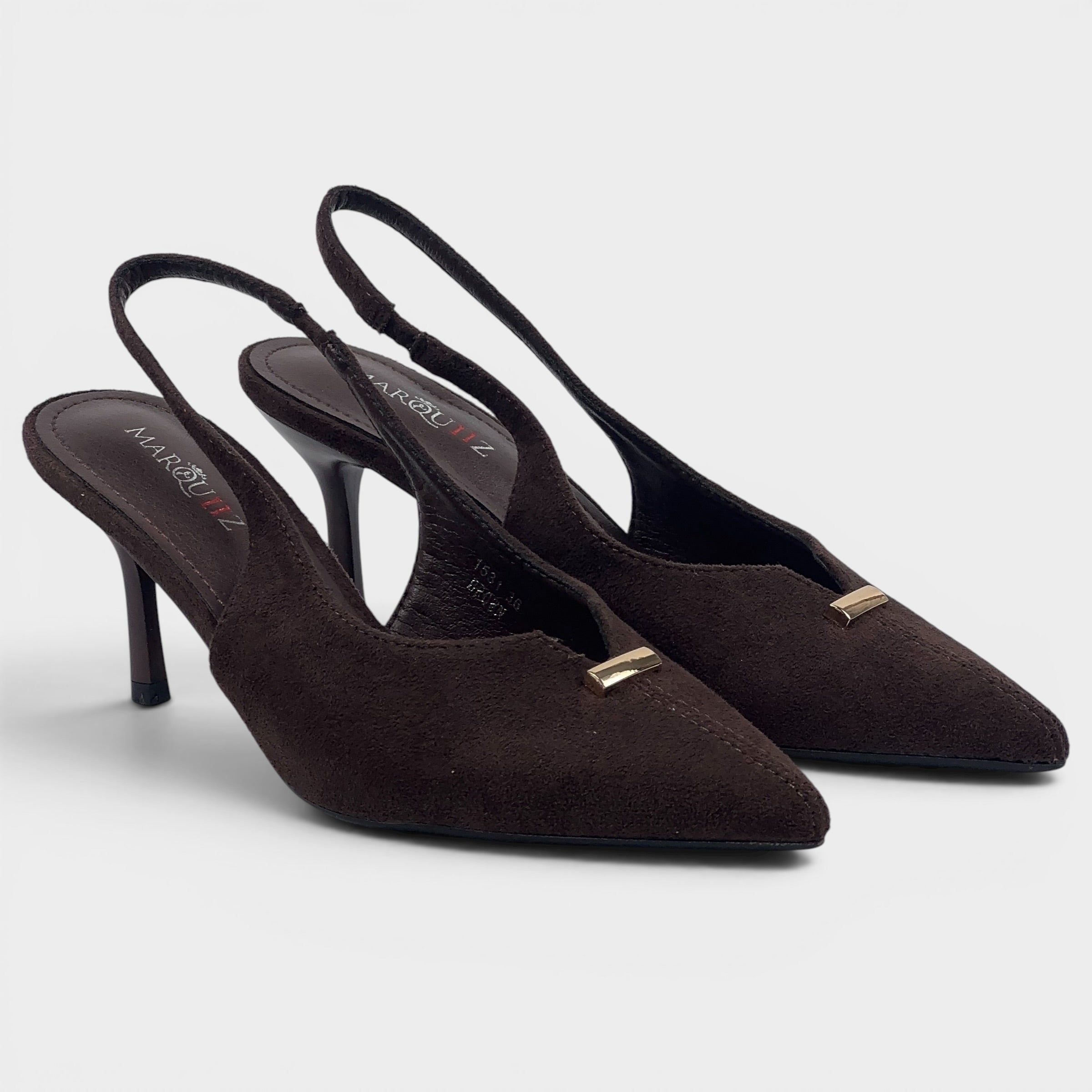 Brązowe zamszowe czółenka slingback ze złotym detalem