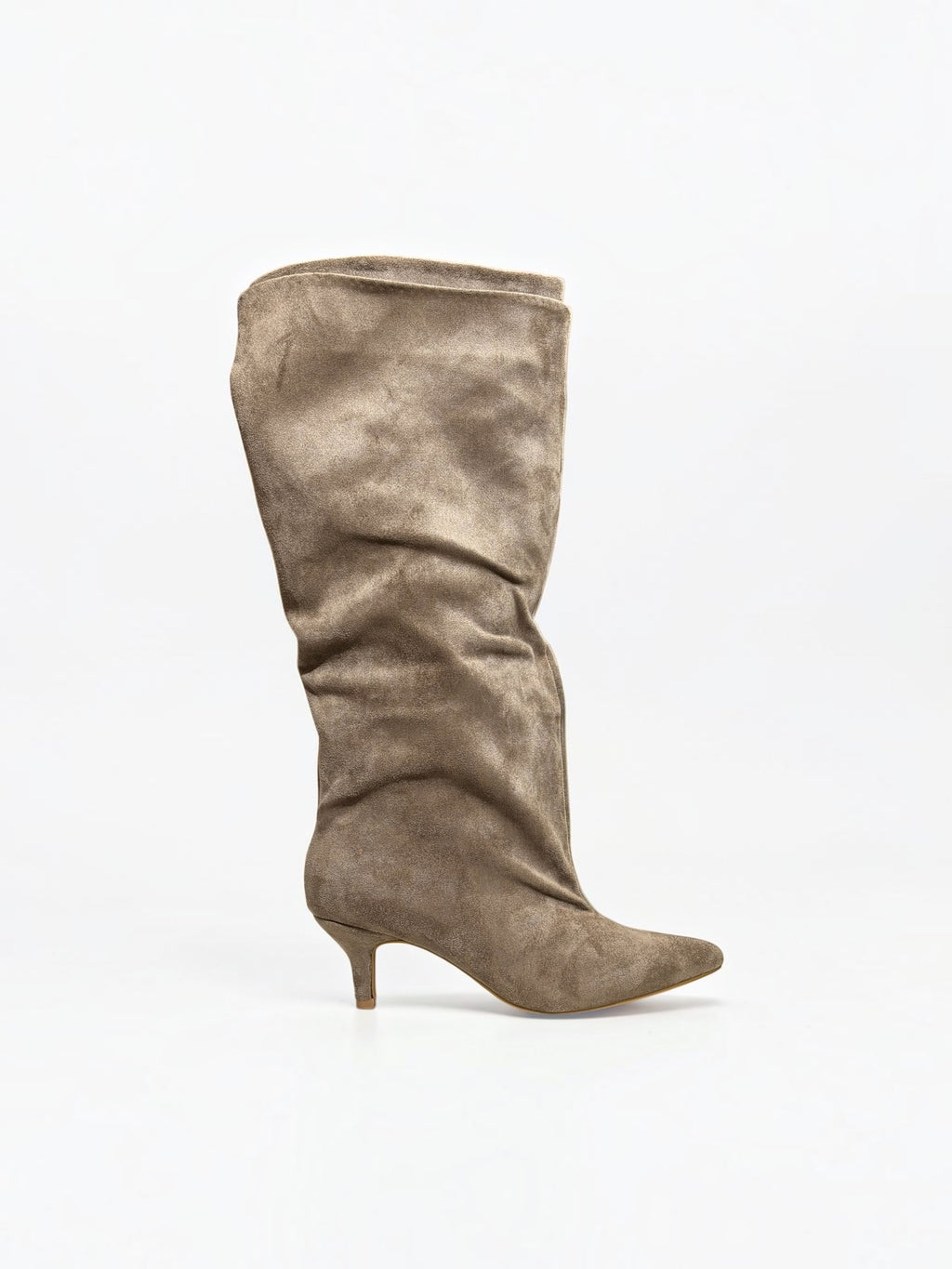 Kozaki za kolano, beżowe, marszczona cholewka, kitten heel
